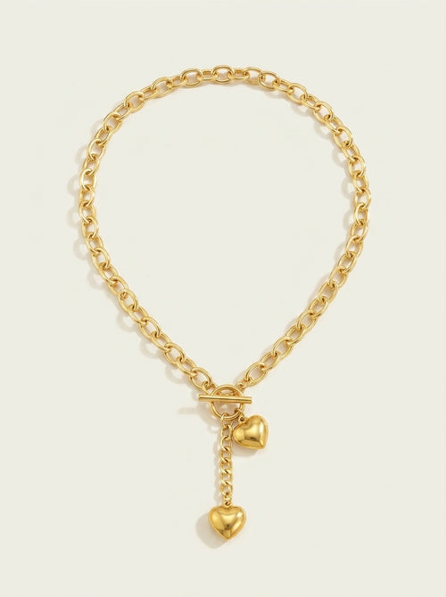 Bold Chunky Chain Link Dual Heart Lariat Necklace & Bracelet