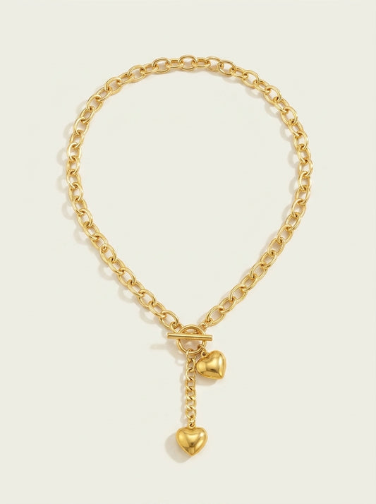 Bold Chunky Chain Link Dual Heart Lariat Necklace & Bracelet