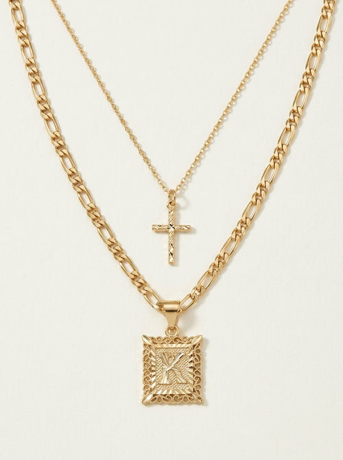 Set aus 2 14-Karat-Halsketten mit Initiale und Kreuz
