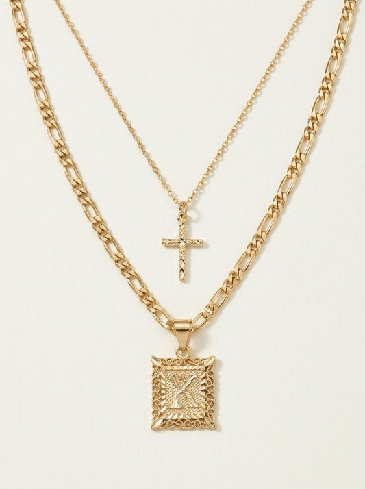 Set aus 2 14-Karat-Halsketten mit Initiale und Kreuz