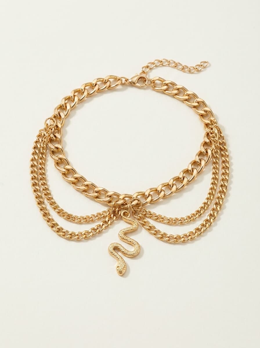 Gold Heart-shaped Chain Foot Ornaments Tassel Snake Pendant Three-layer Anklet For Women