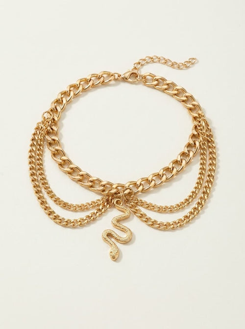 Gold Heart-shaped Chain Foot Ornaments Tassel Snake Pendant Three-layer Anklet For Women
