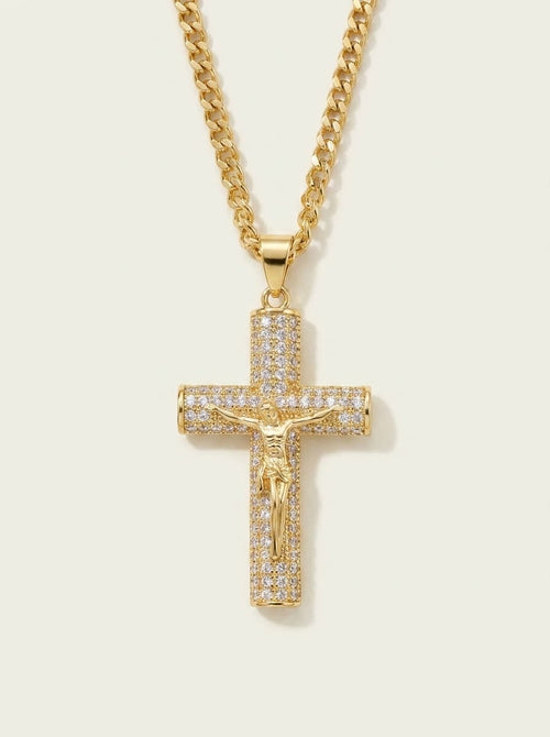 Grand collier croix en zircon, plaqué or, incrusté de diamants