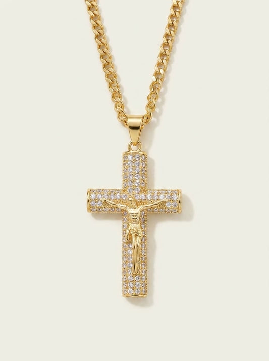 Grand collier croix en zircon, plaqué or, incrusté de diamants
