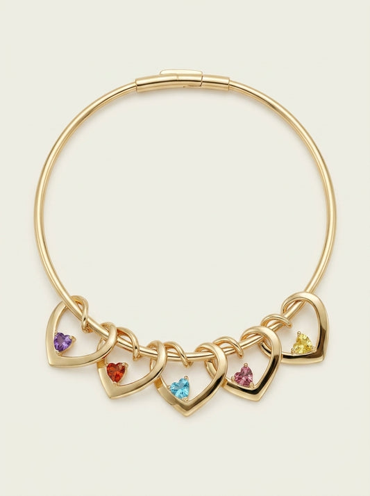 Dainty Name & Birthstone Heart Charm Bangle Bracelet & Necklace