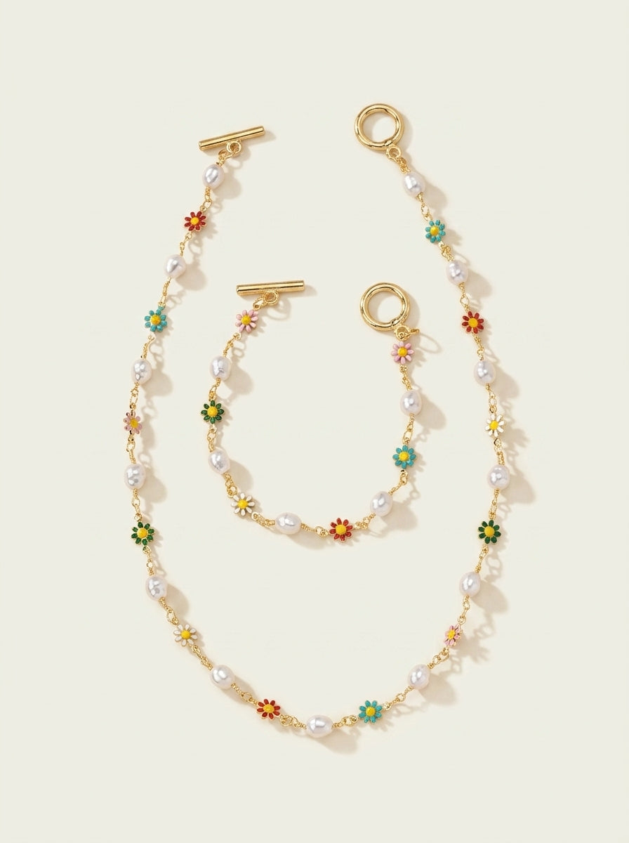 Dainty Spring Floral Pearls Bracelet and Necklace Set