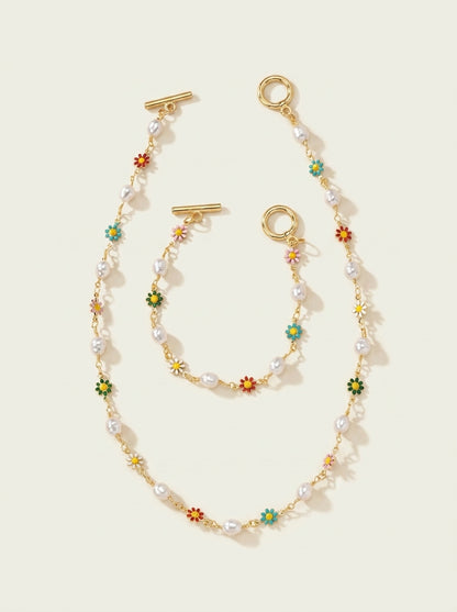 Dainty Spring Floral Pearls Bracelet and Necklace Set