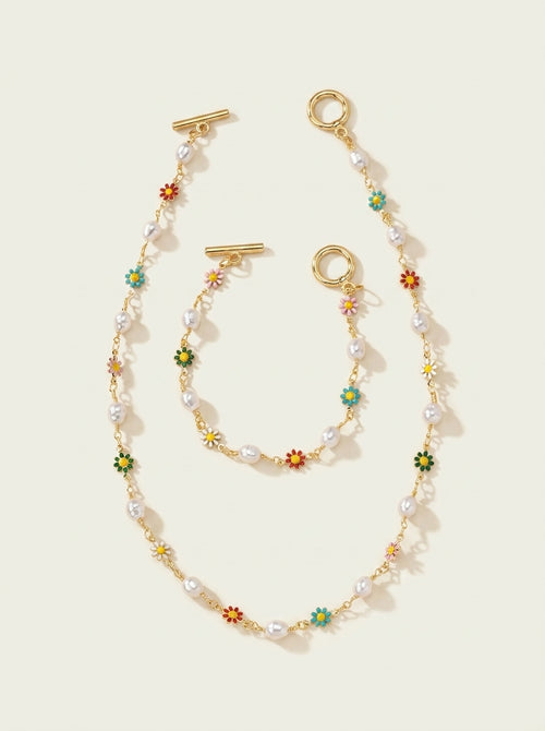 Dainty Spring Floral Pearls Bracelet and Necklace Set
