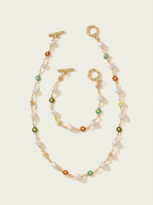 Dainty Spring Floral Pearls Bracelet and Necklace Set