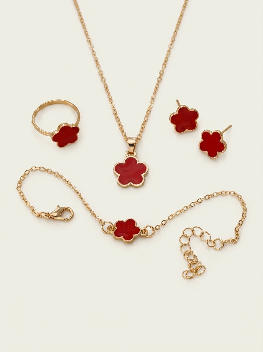 Dainty Lucky Floral Clover Necklace, Bracelet, Earrings, and Rings Set