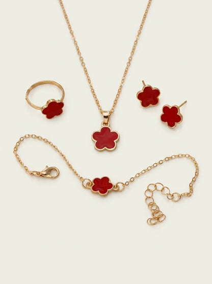 Dainty Lucky Floral Clover Necklace, Bracelet, Earrings, and Rings Set