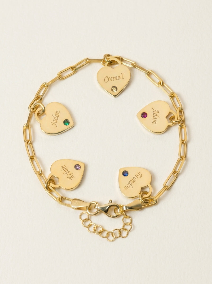 Dainty Name & Birthstone Heart Charm Paperclip Bracelet