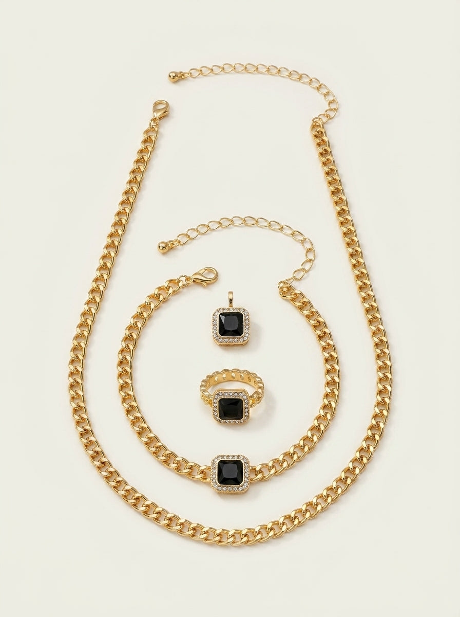 Cuban Square Diamond Necklace, Bracelet, and Ring Set