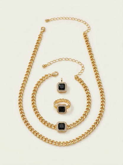 Cuban Square Diamond Necklace, Bracelet, and Ring Set