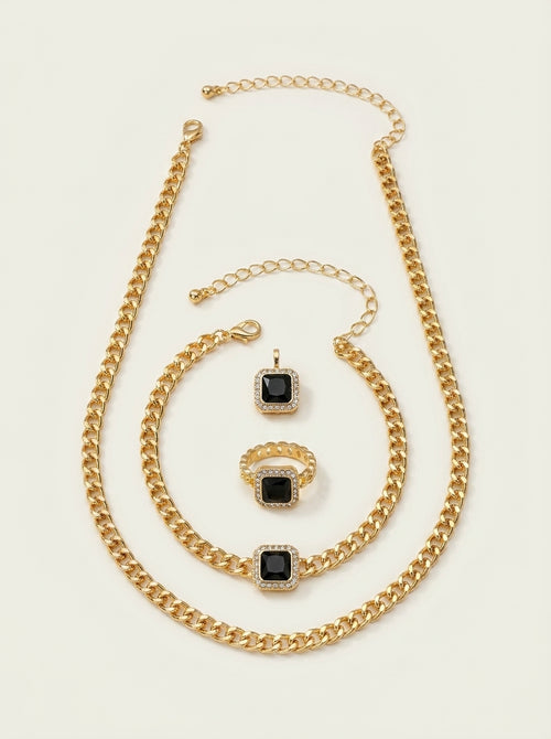 Cuban Square Diamond Necklace, Bracelet, and Ring Set