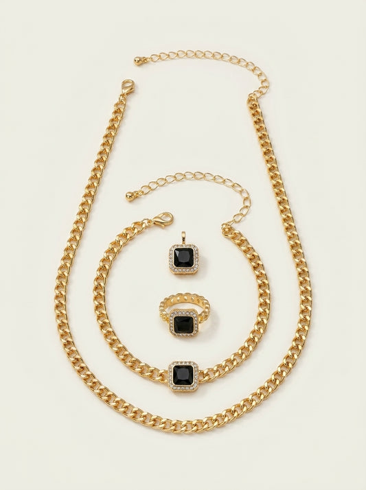 Cuban Square Diamond Necklace, Bracelet, and Ring Set