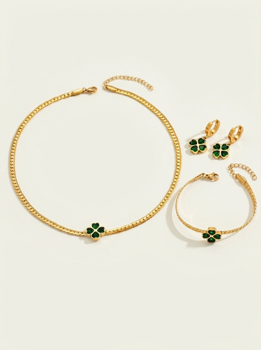 Emerald Four Leaf Clover Necklace, Bracelet, and Earring Set