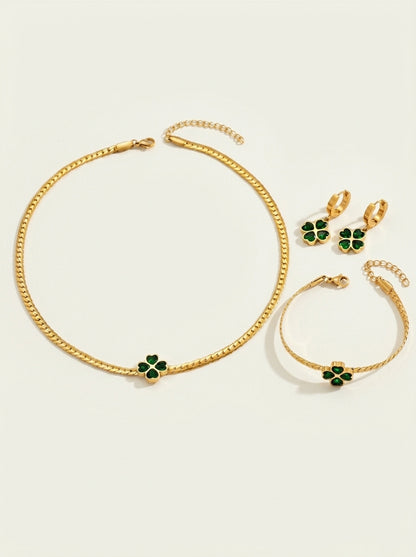 Emerald Four Leaf Clover Necklace, Bracelet, and Earring Set