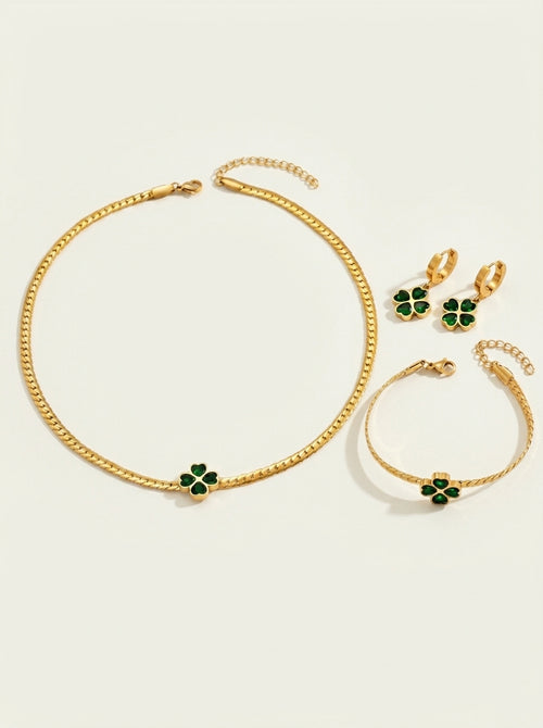 Emerald Four Leaf Clover Necklace, Bracelet, and Earring Set