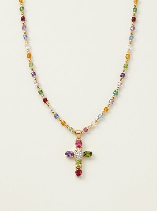 Collar Delicado de Cruz con Gemas de Colores