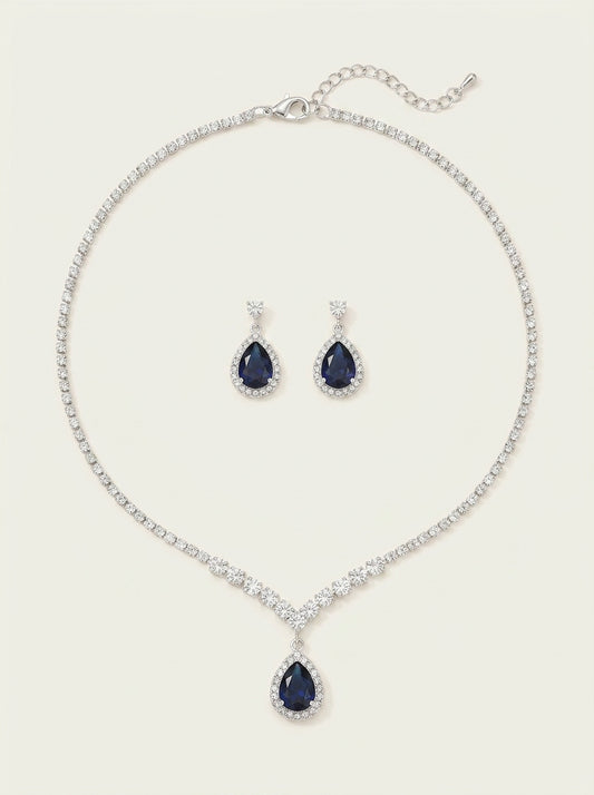 Leuchtend blaues Tropfen-Halsketten- und Ohrringe-Set