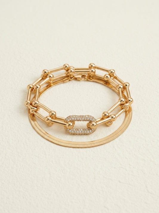 Set aus 2 Statement-Armbändern mit Vorhängeschloss und Fischgrätenmuster