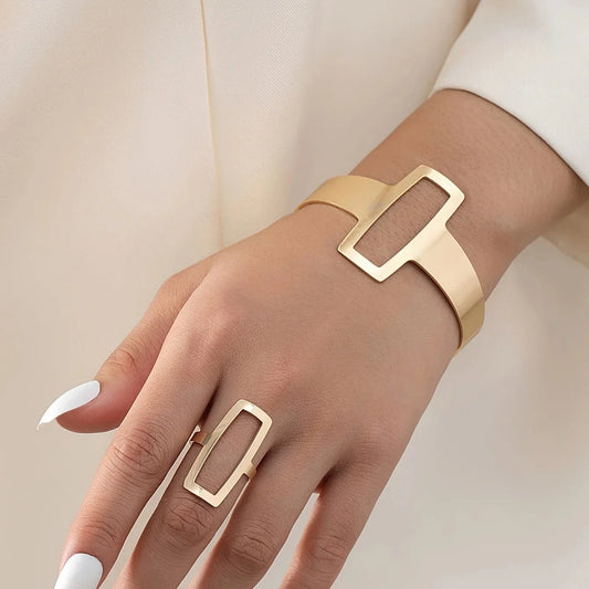 Ensemble bague et bracelet rectangle géométrique réglable