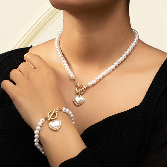 Ensemble bracelet et collier 2 pièces avec pendentif cœur perlé