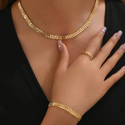 Parure collier, bracelet et bague motif arête de poisson