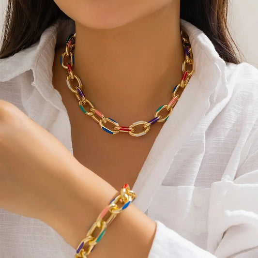 Ensemble de bracelet et collier chaîne colorés