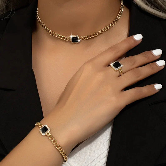 Ensemble collier, bracelet et bague cubains sertis de diamants carrés