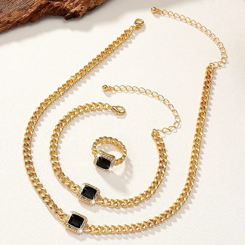 Cuban Square Diamond Necklace, Bracelet, and Ring Set
