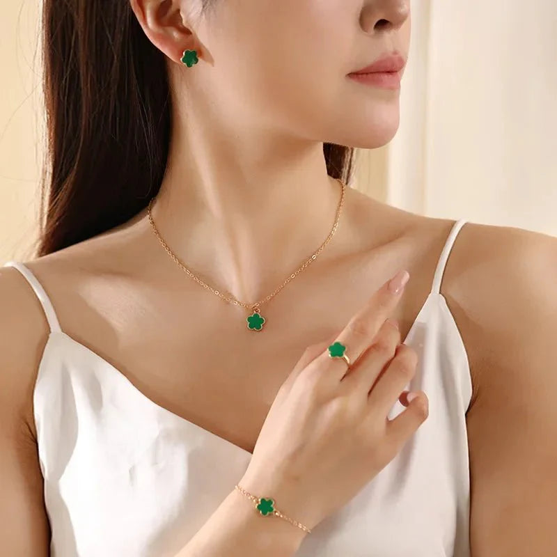 Dainty Lucky Floral Clover Necklace, Bracelet, Earrings, and Rings Set