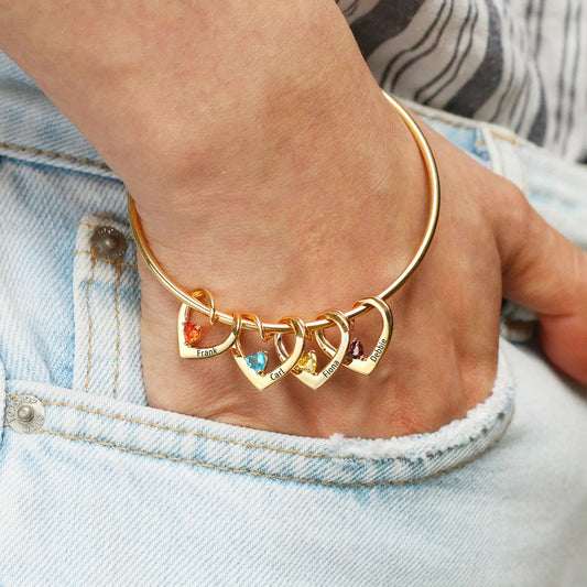 Bracelet jonc et collier avec pendentif cœur délicat et pierre de naissance