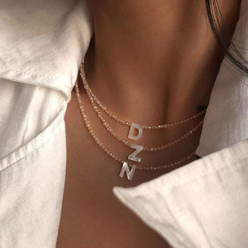 Dainty Stone Beaded Initial Necklace